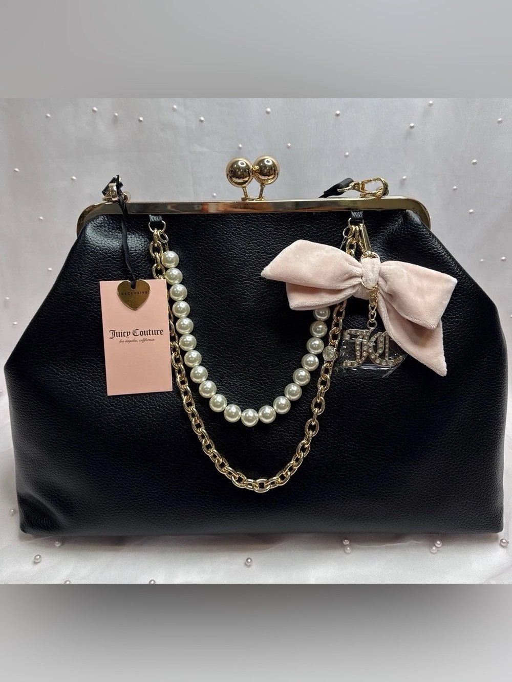Juicy Couture Black Satchel with Pink Bow Charm and Gold Frame